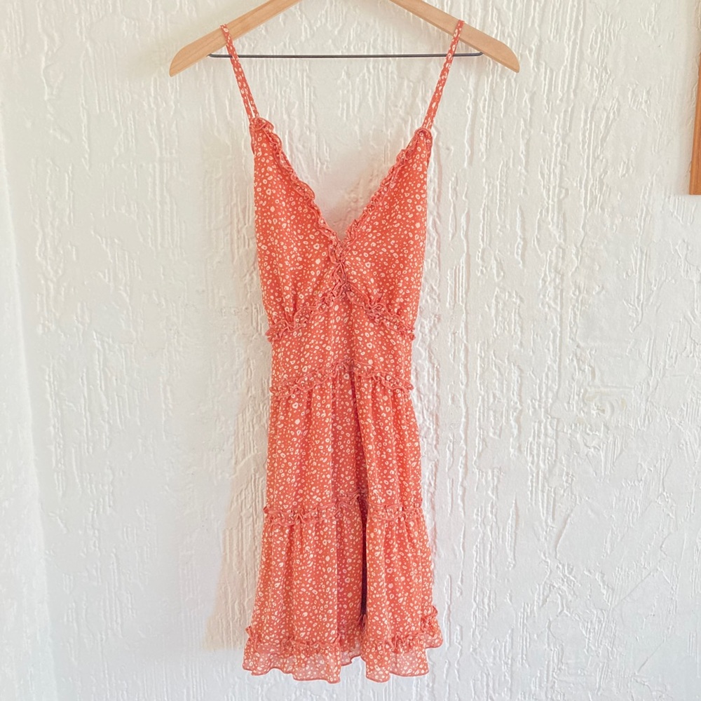 Baevely Orange and White Ditzy Print Mini Boho Dress Size Medium